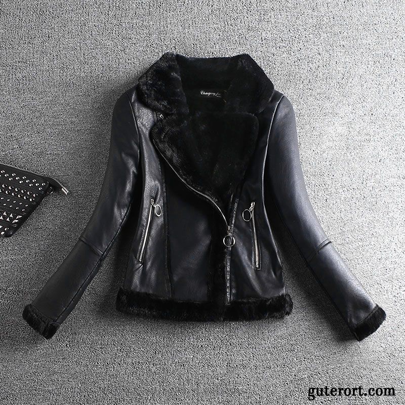 Lederjacke Damen Überzieher Winter Trend Mode Schwarz