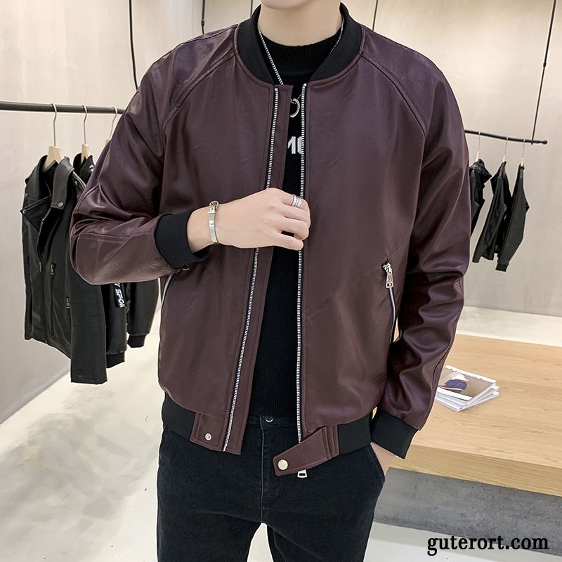 Lederjacke Herren Jugend Herbst Überzieher Trend Feder Groß Schwarz