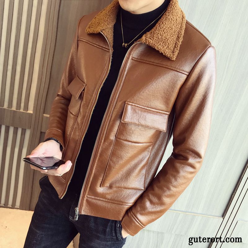 Lederjacke Herren Neu Plus Samt Winter Trend Europa Verdickung Gelb