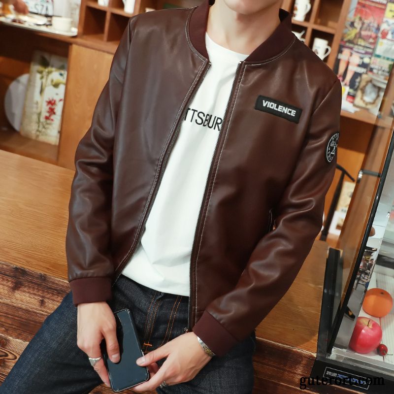 Lederjacke Herren Schlank Feder Herbst Europa Jugend Kleider Schwarz