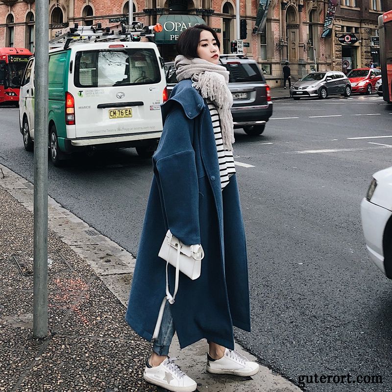 Mäntel Damen Lose Mit Kapuze Neu Winter Herbst Mäntel Wolle Blau