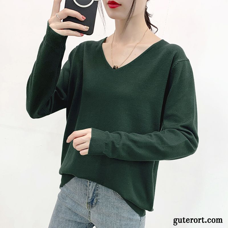 Pullover Damen Dünn Lose Neu Lange Ärmel Große Größe Strickwaren Schwarz