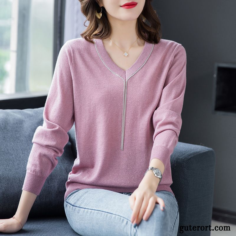 Pullover Damen Lose Herbst Strickwaren Feder Dünn Lange Ärmel Schwarz