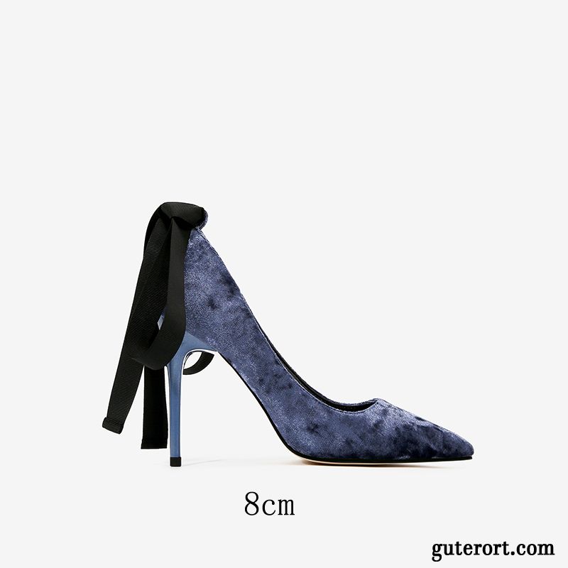 Pumps Damen Neue Allgleiches Ultra Dünne Fersen Spitze Schnürschuhe Marineblau Hell