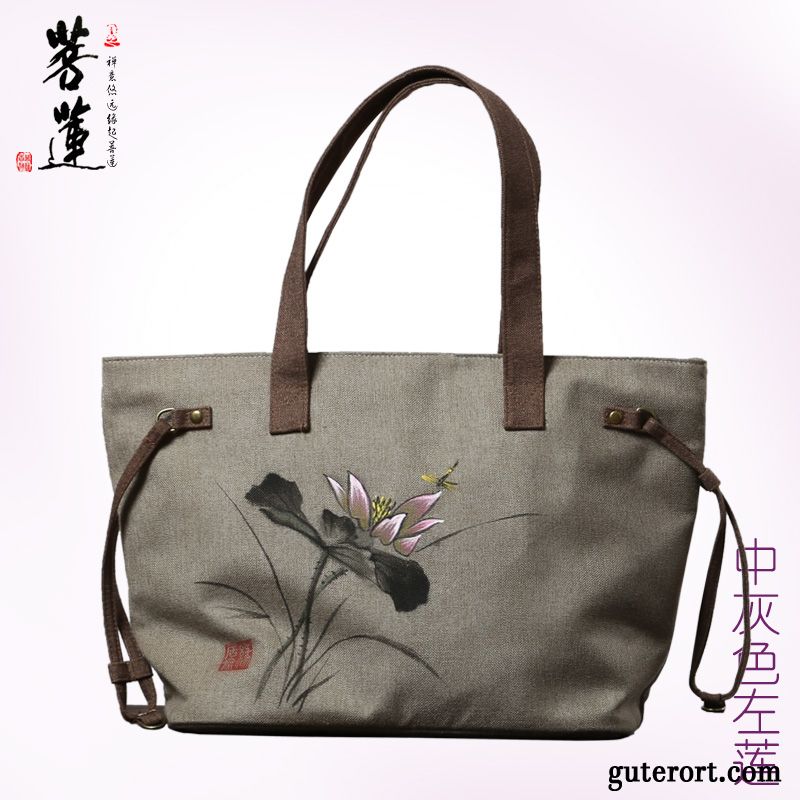 Reisetasche Damen Retro Gemalt Einfach Mittel Baumwolle Und Leinen Khaki