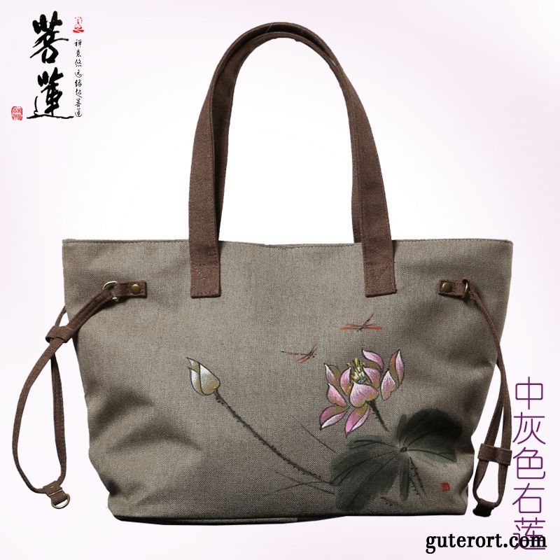 Reisetasche Damen Retro Gemalt Einfach Mittel Baumwolle Und Leinen Khaki