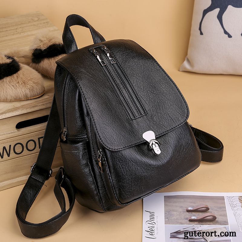 Rucksäcke Damen Freizeit Reisen Weiches Leder Rucksack Tasche Retro Schwarz