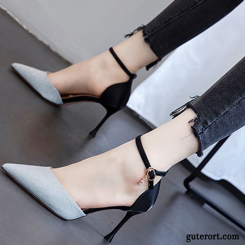 Sandalen Damen Mode Schuhe Spitze Dünne Fersen Pailletten Allgleiches Silber