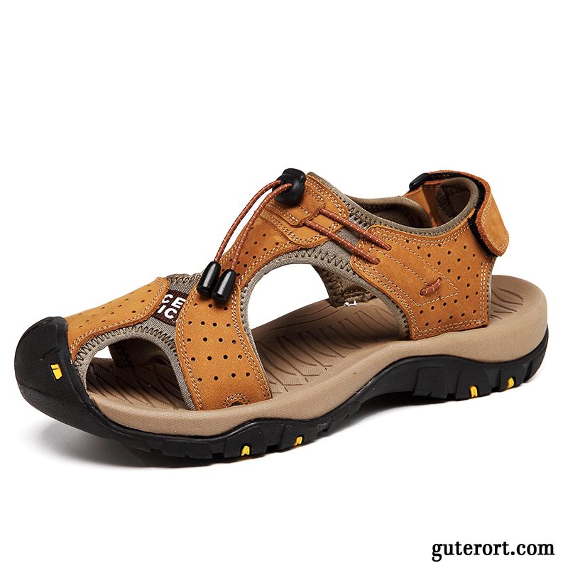 Sandalen Herren Casual Rutschsicher Draussen Trend Echtleder Sommer Sandfarben Gelb