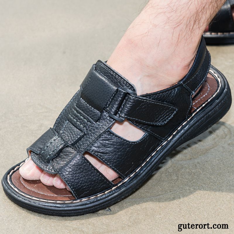 Sandalen Herren Casual Schuhe Feder Echtleder Sommer Sandfarben Schwarz