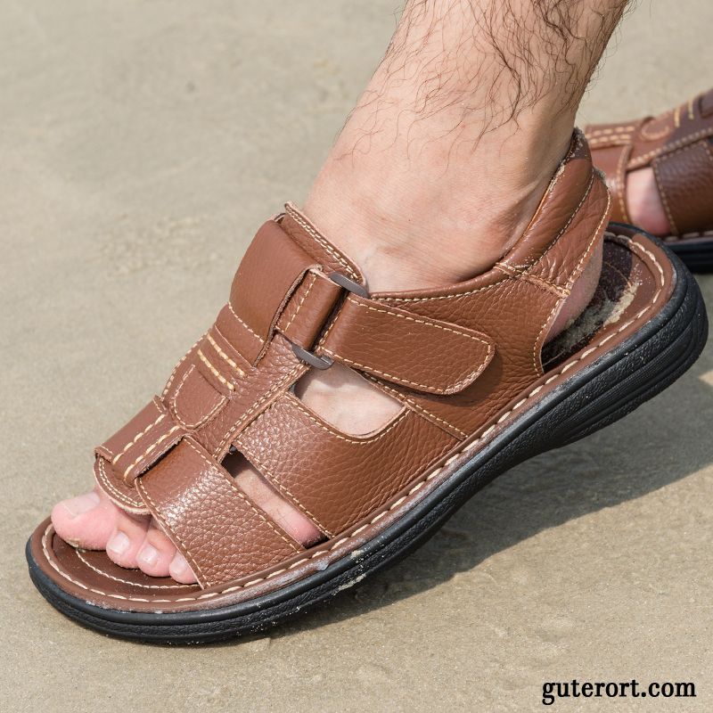 Sandalen Herren Casual Schuhe Feder Echtleder Sommer Sandfarben Schwarz