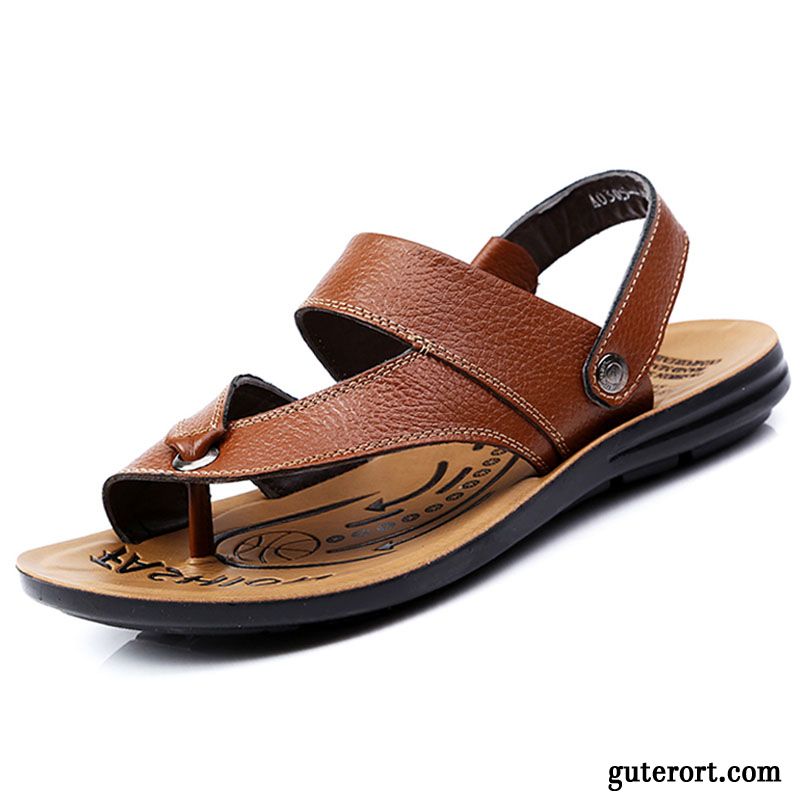 Sandalen Herren Hausschuhe Sommer Echtleder Lederschue Sandfarben Braun