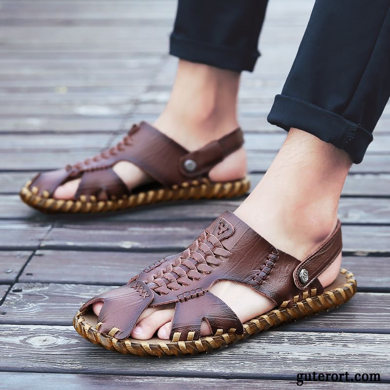 Sandalen Herren Hohl Echtleder Neue Pantolette Persönlichkeit Schuhe Sandfarben Braun