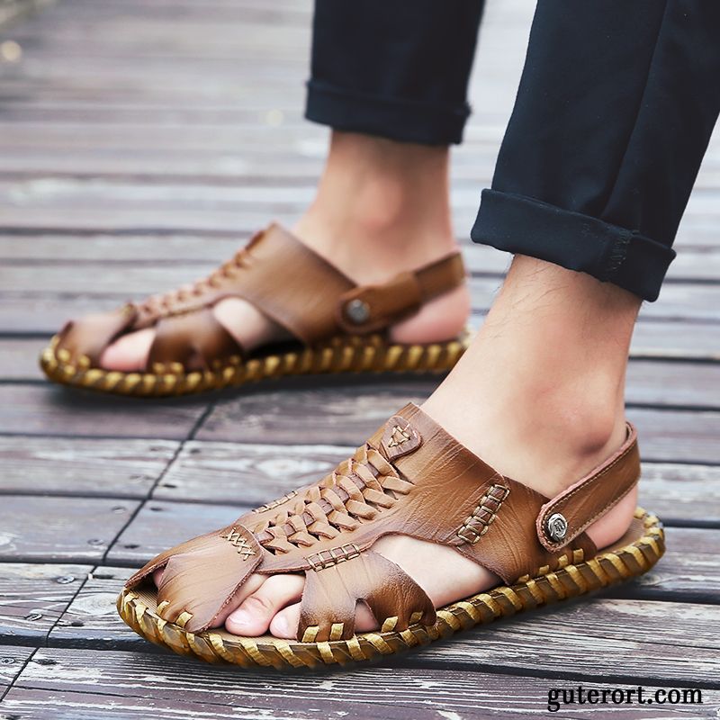 Sandalen Herren Hohl Echtleder Neue Pantolette Persönlichkeit Schuhe Sandfarben Braun