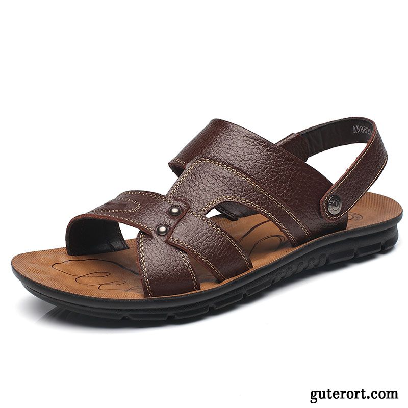 Sandalen Herren Lederschue Echtleder Sommer Rutschsicher Weiche Sohle Pantolette Sandfarben Schwarz