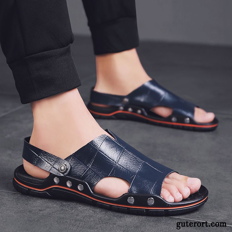 Sandalen Herren Neue Sommer Echtleder Trend Pantolette Weiche Sohle Sandfarben Schwarz