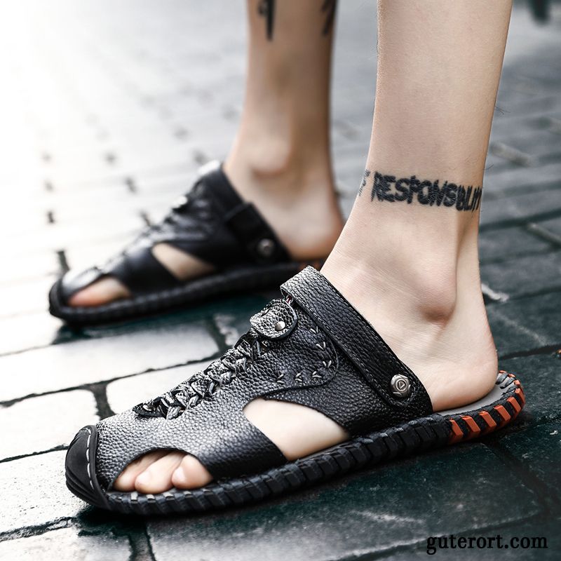 Sandalen Herren Rutschsicher Pantolette Echtleder Sommer Europa Weiche Sohle Schwarz