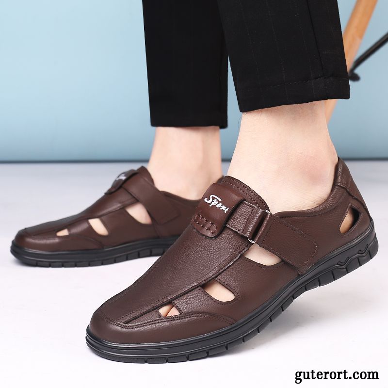 Sandalen Herren Slip-on Faul Lederschue Casual Oberleder Schuhe Schwarz