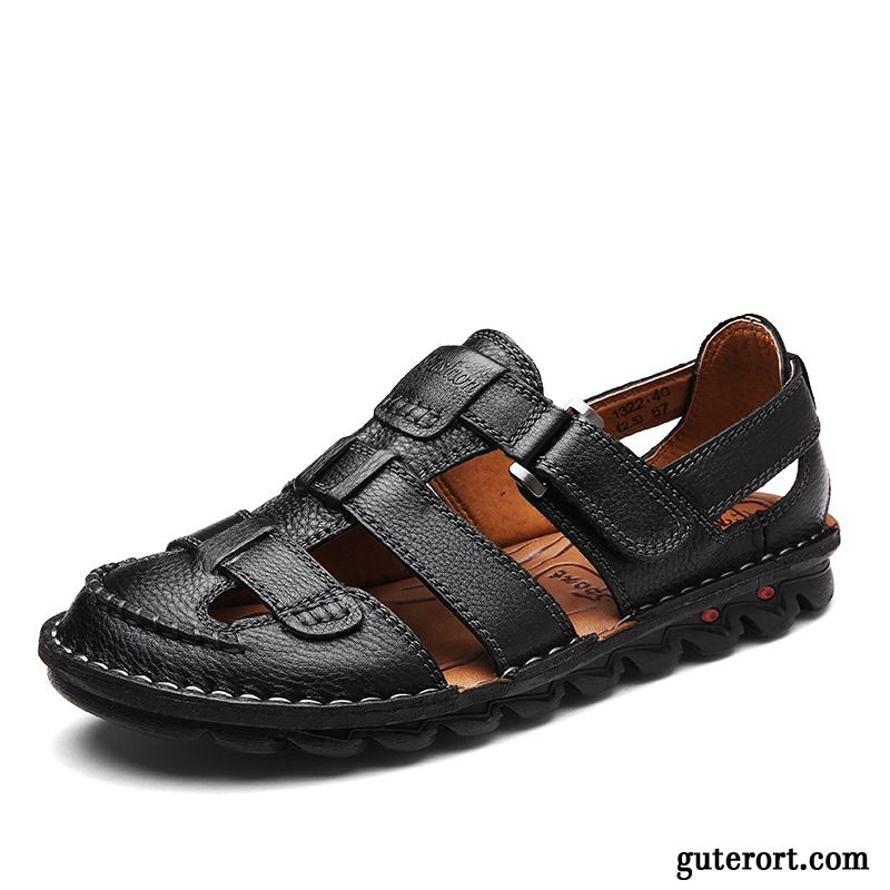 Sandalen Herren Sommer Faul Leder Echtleder Casual Schuhe Sandfarben Schwarz