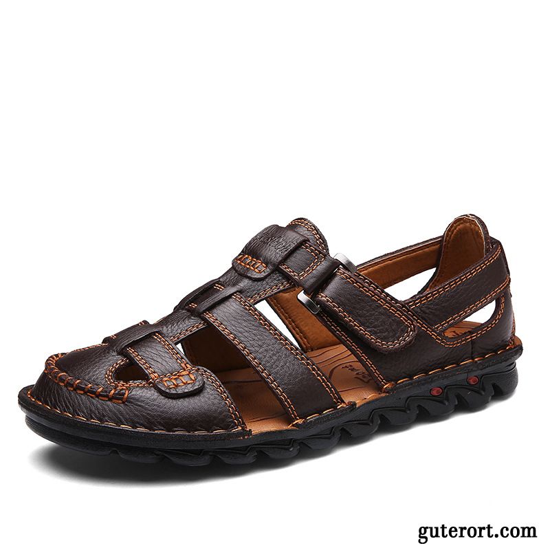 Sandalen Herren Sommer Faul Leder Echtleder Casual Schuhe Sandfarben Schwarz