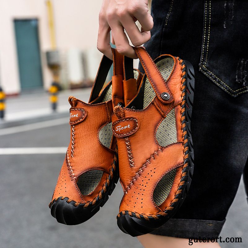 Sandalen Herren Trend Echtleder Draussen Neue Hausschuhe Sommer Sandfarben Schwarz