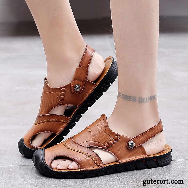 Sandalen Herren Trend Persönlichkeit Schuhe Casual Echtleder Mode Sandfarben Braun Gelb