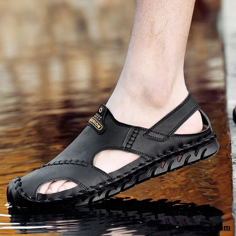 Sandalen Herren Weiche Sohle Europa Echtleder Hohl Neue Lederschue Braun