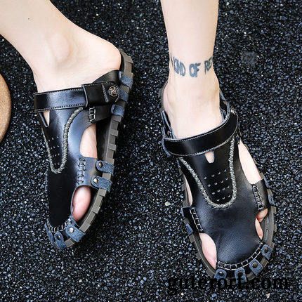 Sandalen Herren Weiche Sohle Leder Neue Sommer Echtleder Trend Schwarz