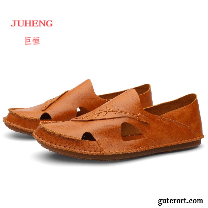 Sandalen Herren Weiche Sohle Trend Sommer Casual Schuhe Echtleder Sandfarben Rot