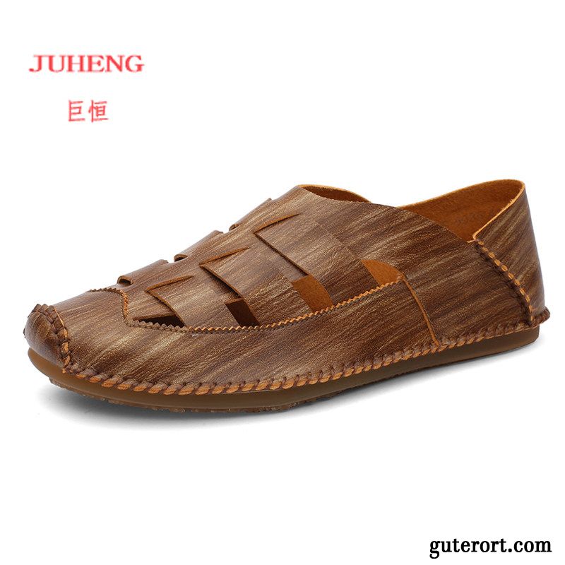 Sandalen Herren Weiche Sohle Trend Sommer Casual Schuhe Echtleder Sandfarben Rot