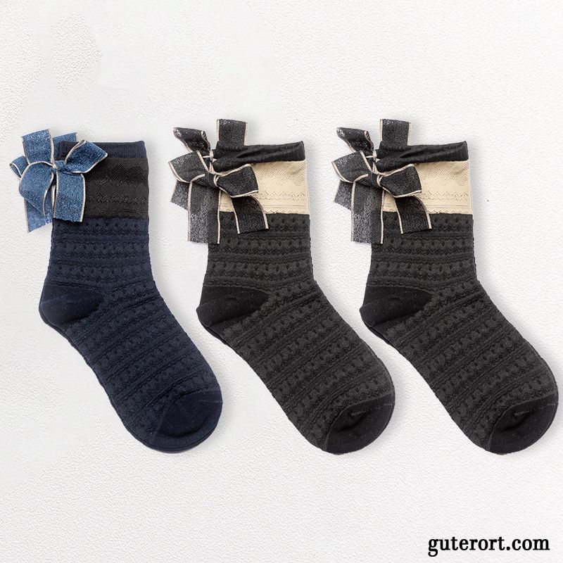 Socken Damen 100% Baumwolle Niedlich Weiche Bowknot Mid Schwarz