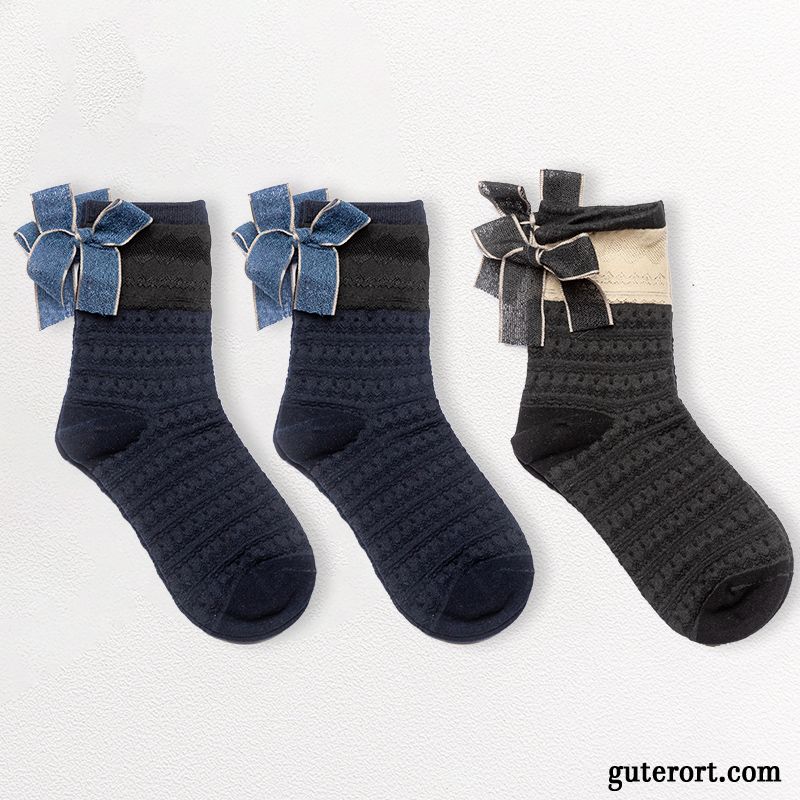 Socken Damen 100% Baumwolle Niedlich Weiche Bowknot Mid Schwarz