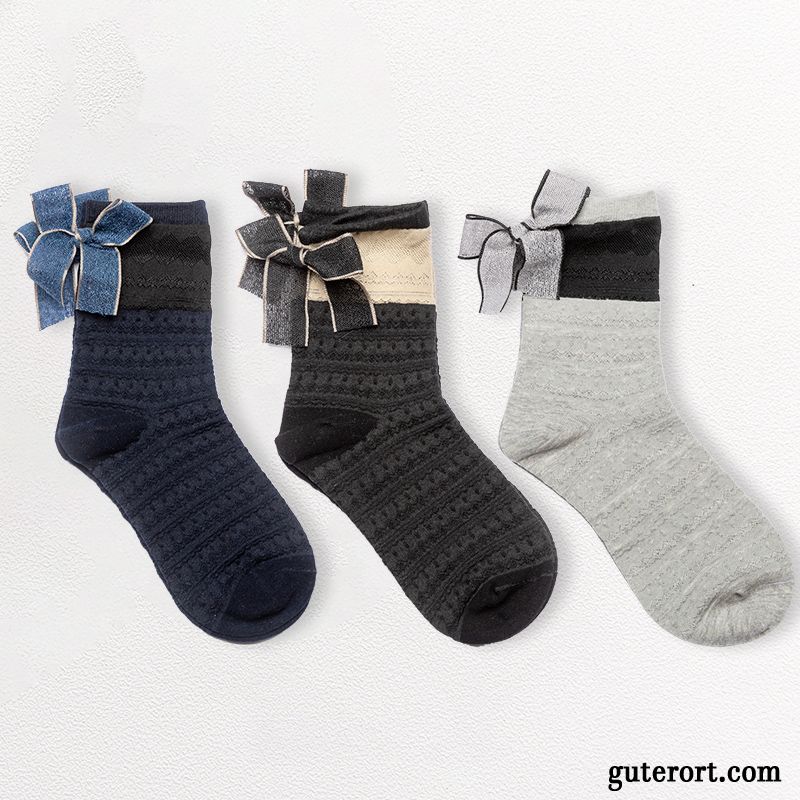 Socken Damen 100% Baumwolle Niedlich Weiche Bowknot Mid Schwarz