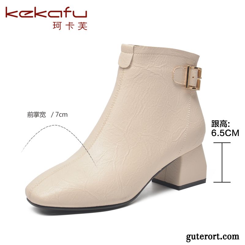 Stiefel Damen Dick Hochhackigen Allgleiches Winter Kurze Stiefel Weiß Beige