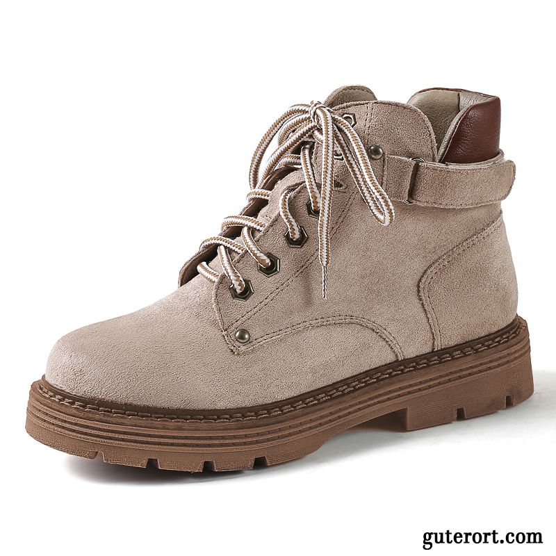 Stiefel Damen England Schüler Plus Samt Flache Europa Allgleiches Beige Farbe