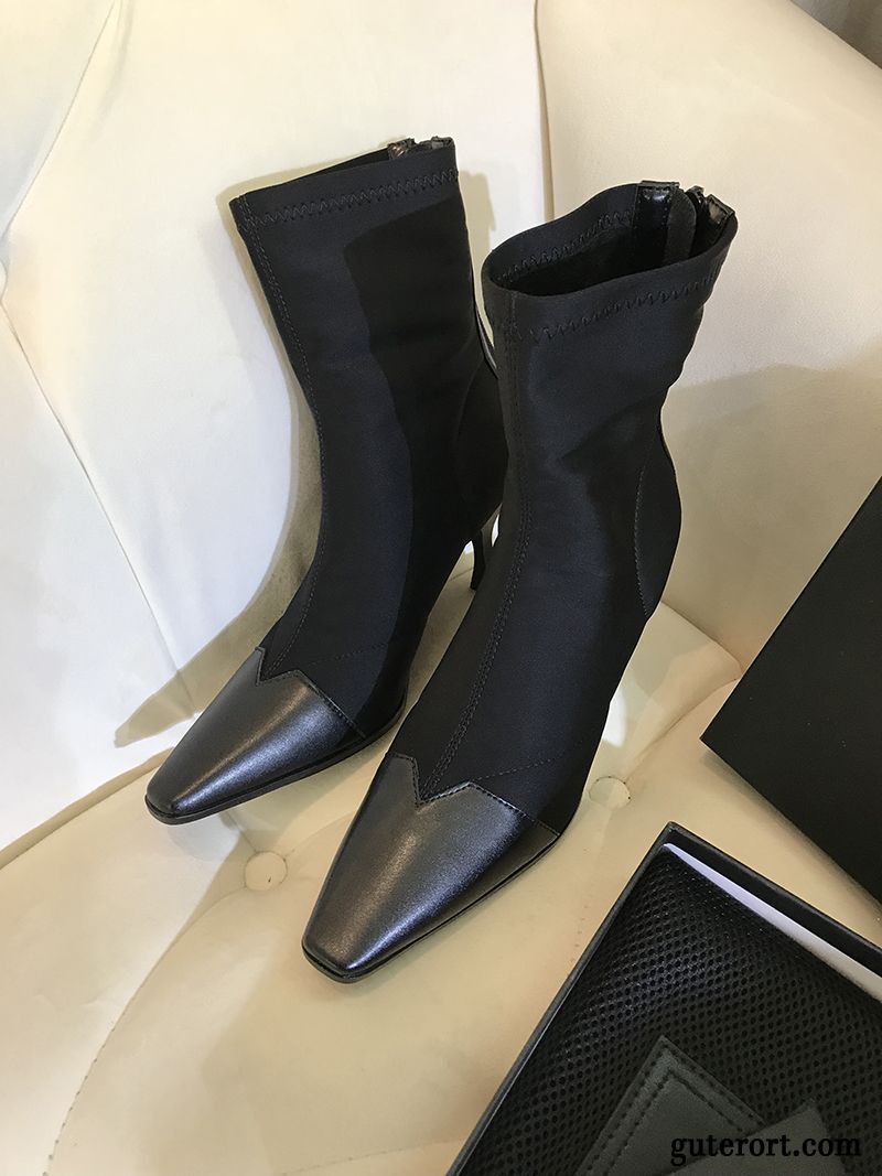 Stiefel Damen Kurze Stiefel Elastizität Neue Spleißen Retro Vierkantkopf Schwarz