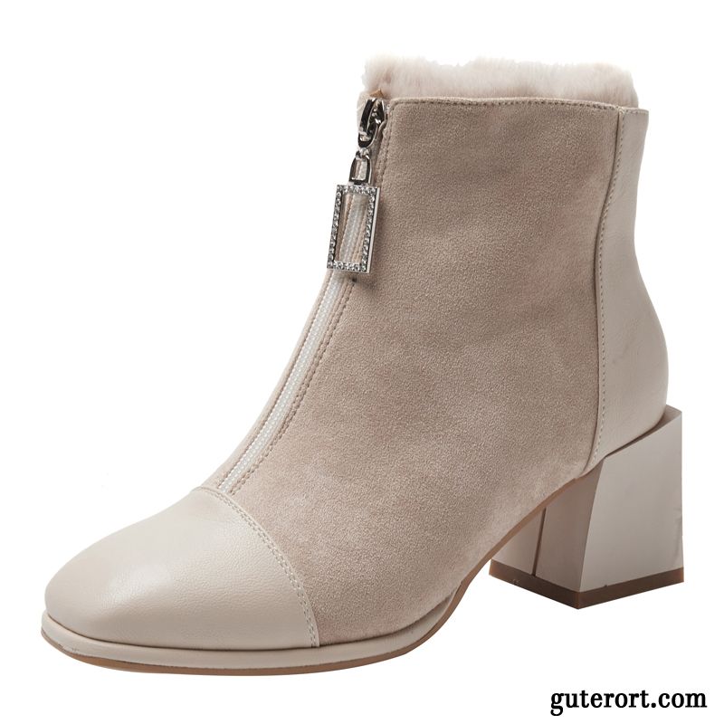 Stiefel Damen Plus Samt Kurze Stiefel Vierkantkopf Allgleiches Dick Schuhe Beige Rot