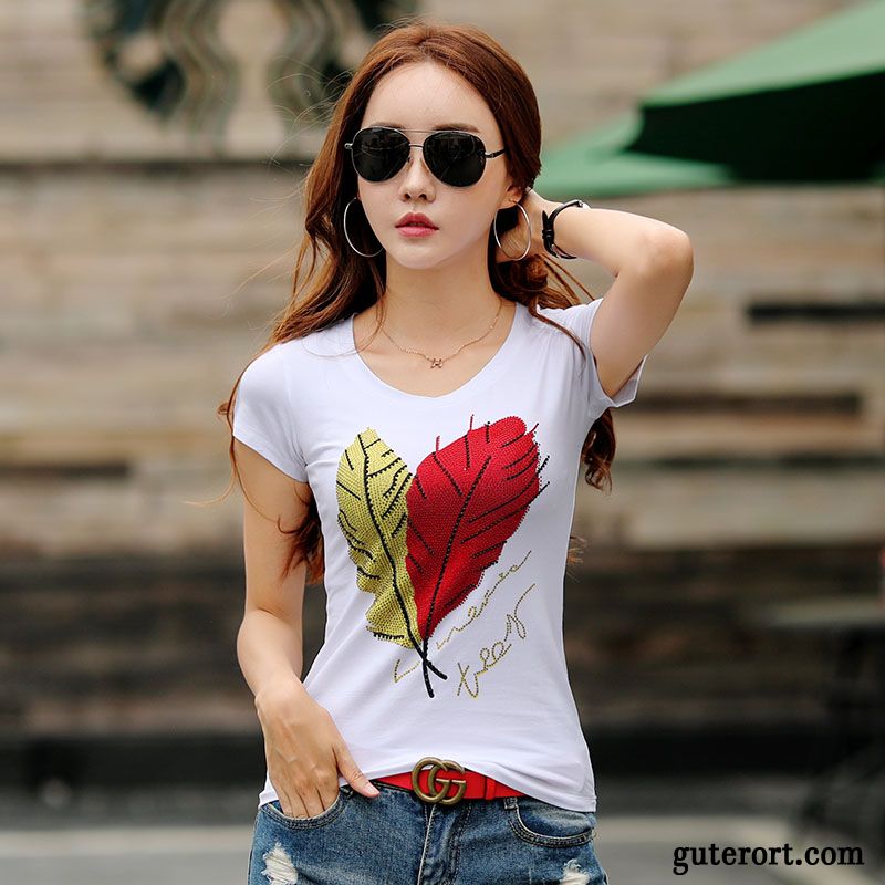 T-shirts Damen Herbst Trend Schlank Drucken Sommer Rein Weiß