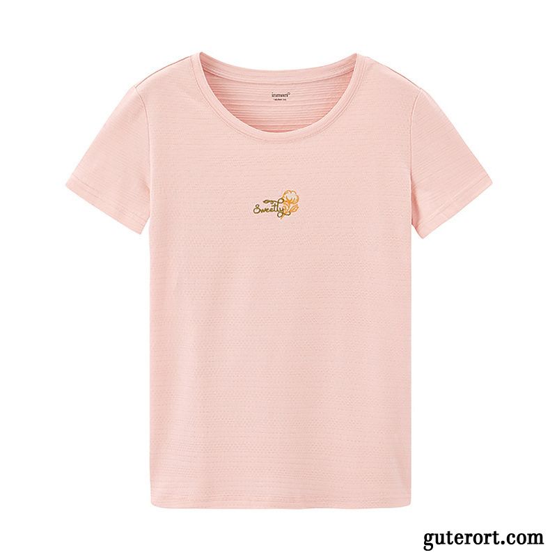 T-shirts Damen Rein Sommer Rundhals Baumwolle Frisch Bestickt Rosa