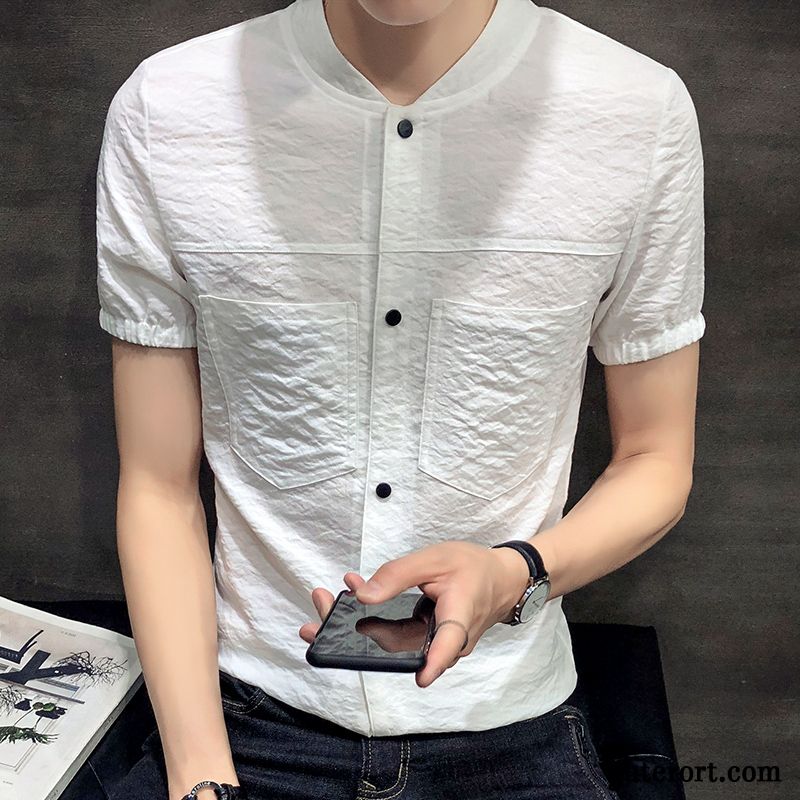 T-shirts Herren Mantel Trend Hemd Sommer Halb Ärmel Chinesischer Stil Weiß