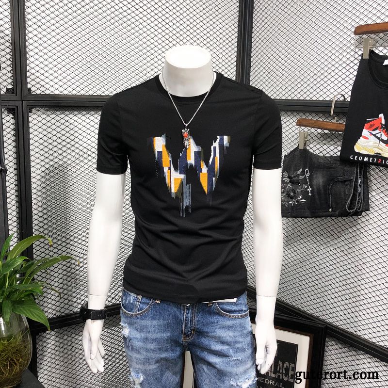 T-shirts Herren Rundhals Europa Elastisch Schlank Sommer Trend Schwarz