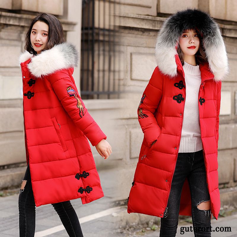 Baumwolle Mantel Damen Verdickung Elegant Lange Ärmel Pelz Kragen Mode Reißverschluss Rot