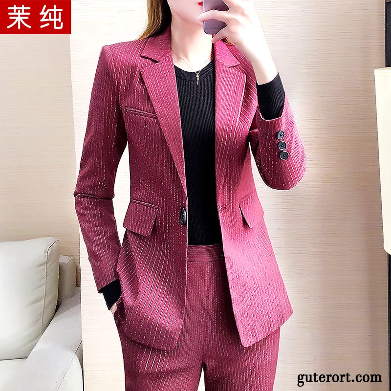 Blazer Damen Anzüge Temperament Mode Europa Allgleiches Mantel Bordeauxrot Rot