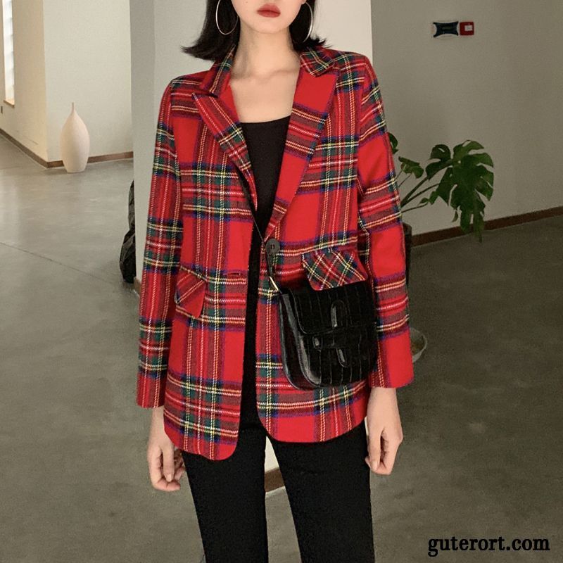 Blazer Damen Feder Anzüge Freizeit Gitter Retro Kostüm Rot