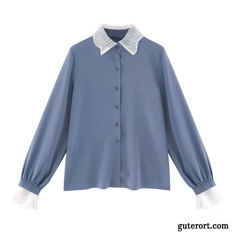 Blusen Damen Spitze Neu Winter Schüler Chiffon Spleißen Blau