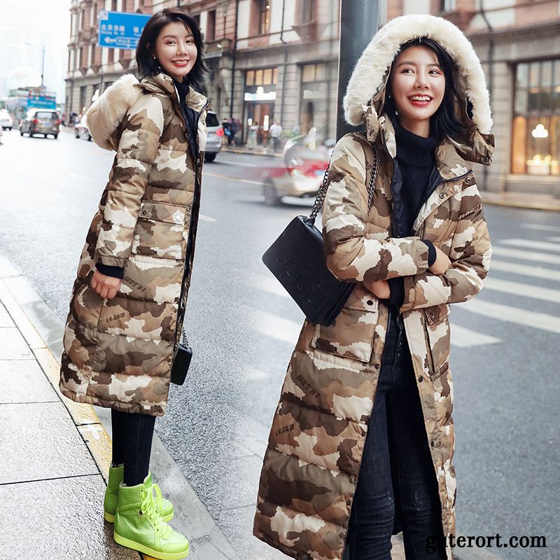 Daunenjacken Damen Mode Verdickung Winterkleidung Großer Pelzkragen Langer Abschnitt Schlank Camouflage