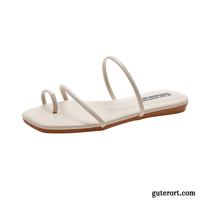 Flip Flops Damen Allgleiches Sommer Schüler Flache Pantolette Europa Sandfarben Weiß