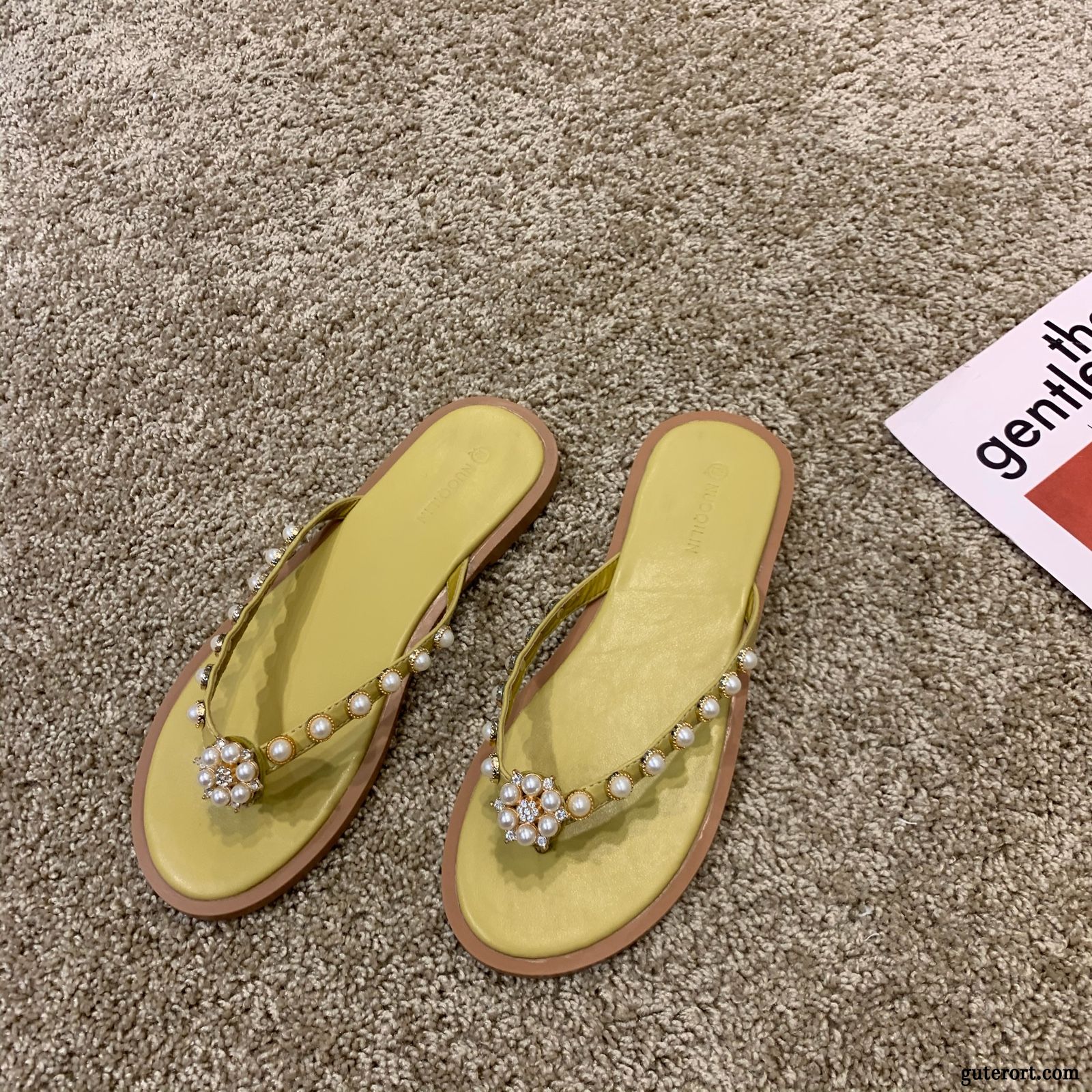 Flip Flops Damen Perle Hausschuhe Flache Einfach Sandfarben Gelb