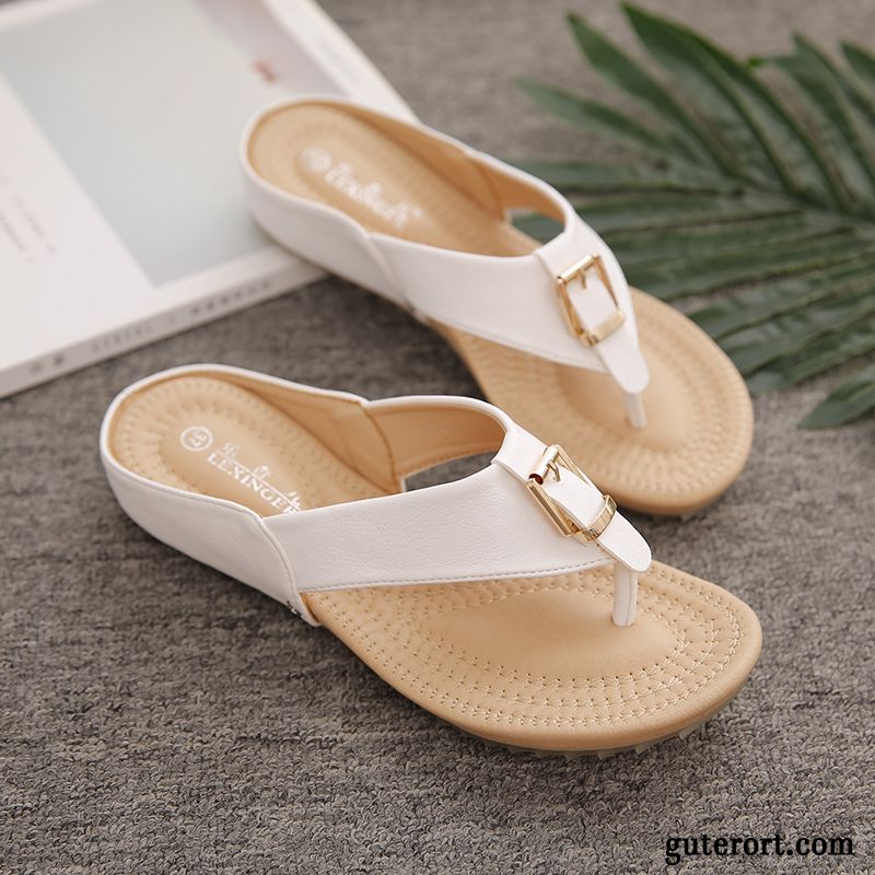 Flip Flops Damen Sommer Neue Mode Allgleiches Europa Weiche Sohle Sandfarben Weiß