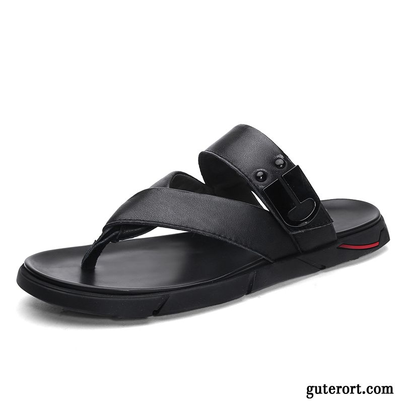 Flip Flops Herren Echtleder Mode Sommer Hausschuhe Europa Pantolette Schwarz